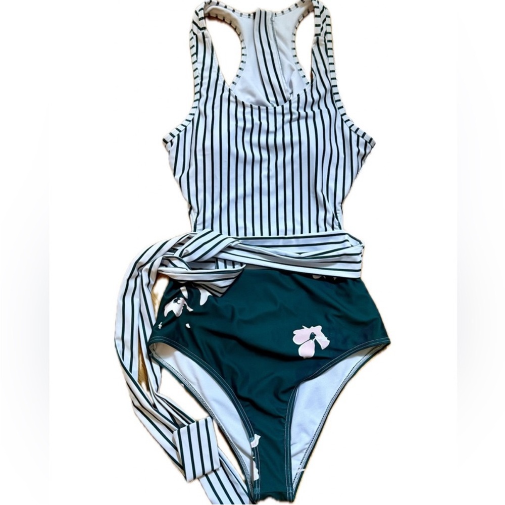 Striped Racerback One-Piece Swimsuit with Green Bottom